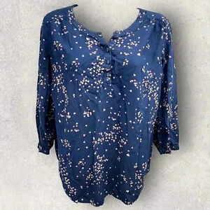 Tu women's blouse blue with pink hearts 3/4 sleeves, 1/4 button front shirt